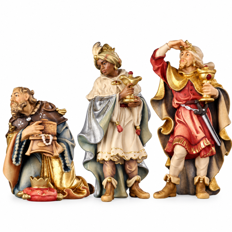 3 holzgeschnitzte und handbemalte Könige als Original Rainell Krippenfiguren im Set