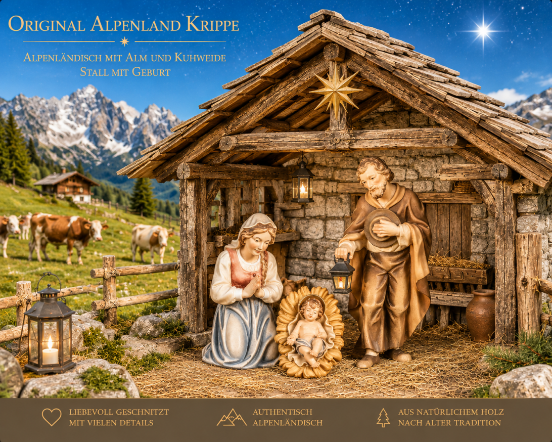 Alpenland Krippe von Fill mit traditionellen Krippenfiguren