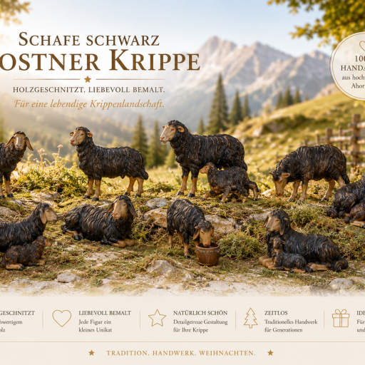 Schwarz bemalte Schafe und Widder der Kostner Krippe für Weihnachtskrippen