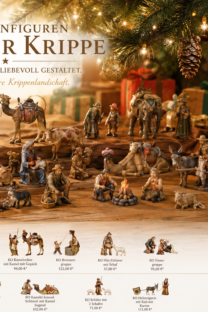 Figuren der Kostner Krippe mit Heiliger Familie, Hirten und Königen für die Weihnachtskrippe