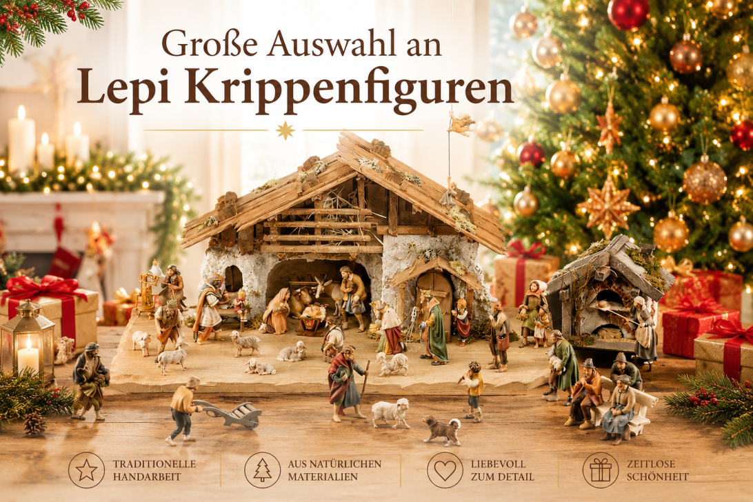 Große Auswahl an original Lepi Krippenfiguren aus Holz geschnitzt in einem stimmungsvoll dekorierten Weihnachtskrippenstall mit Heilige Familie, Hirten, Tieren und weihnachtlicher Atmosphäre.