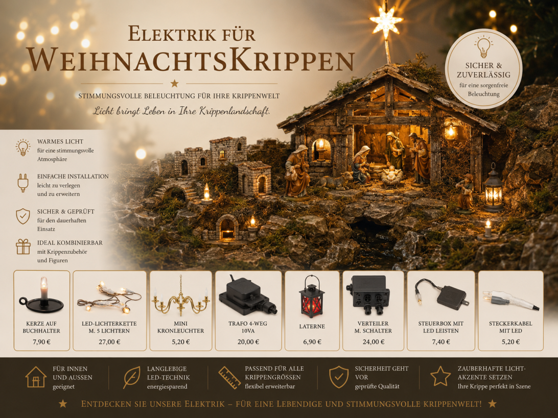 Krippenbeleuchtung mit LED Lampen Laternen und Elektrik Zubehör