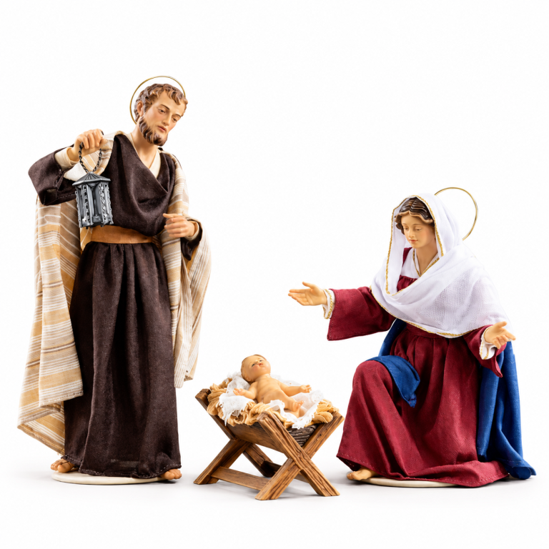 Heilige Familie Hannah Orient mit kniender Maria, Josef mit Laterne und Jesuskind in der Futterkrippe