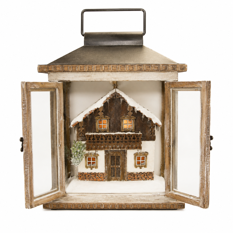 Schnee-Laterne mit beleuchteter Bauernhauskulisse für 8 cm Krippenfiguren