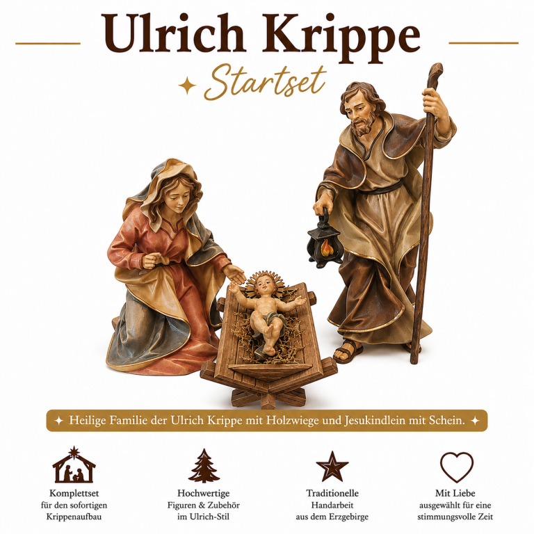 Heilige Familie Ulrich Krippe mit Holzwiege und Jesukind mit Schein