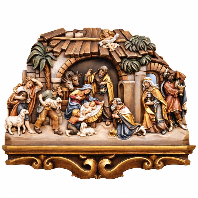 Holzgeschnitztes und handbemaltes Krippenbild als Relief-Wandbild