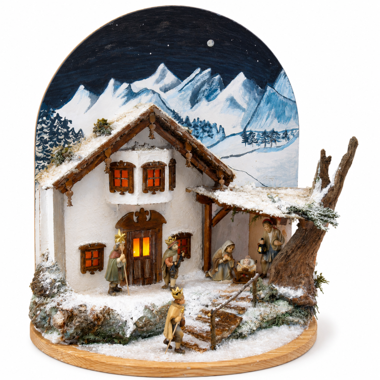 Alpenländische Winterkulisse mit Tiroler Bauernhaus für Schneekrippen