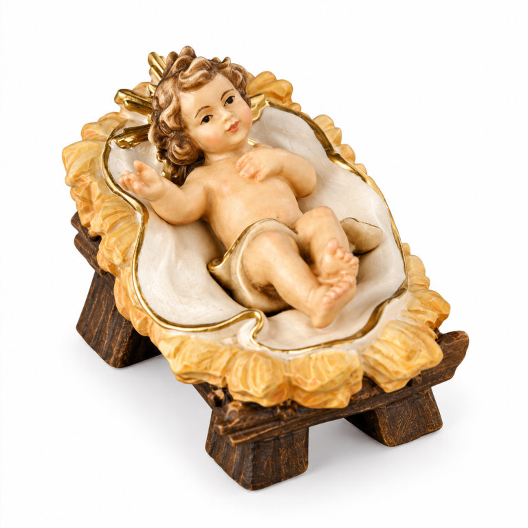 Jesukind mit Wiege als einzelne Rainell Krippenfigur aus Ahornholz