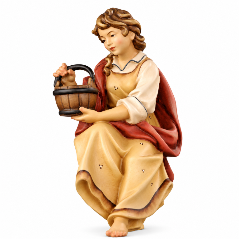 Bemalte Krippenfigur mit Holzeimer