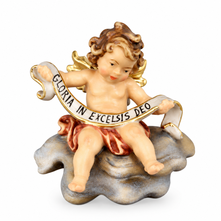 Cherub mit Gloria-Banner auf Wolke