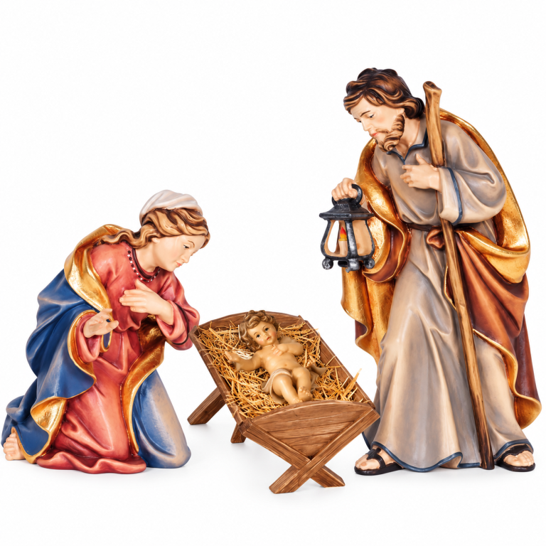 Hl. Familie mit Jesukind in Holzwiege – 4-teilige Rainell Krippenfiguren