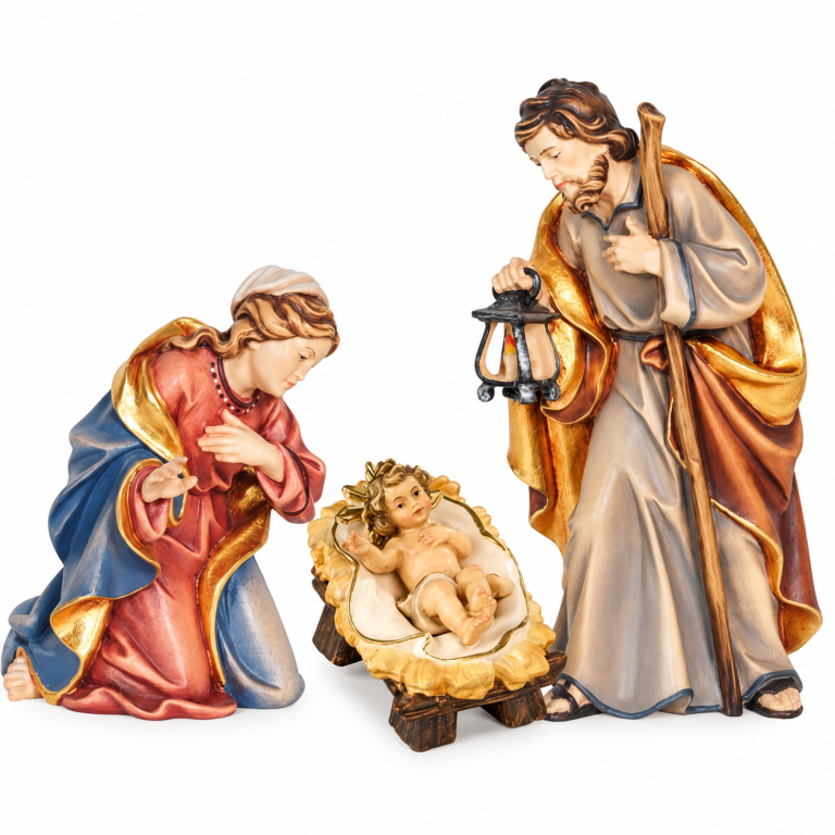Hl. Familie mit Maria, Josef und herausnehmbarem Jesukind in Wiege für die Rainell Krippe