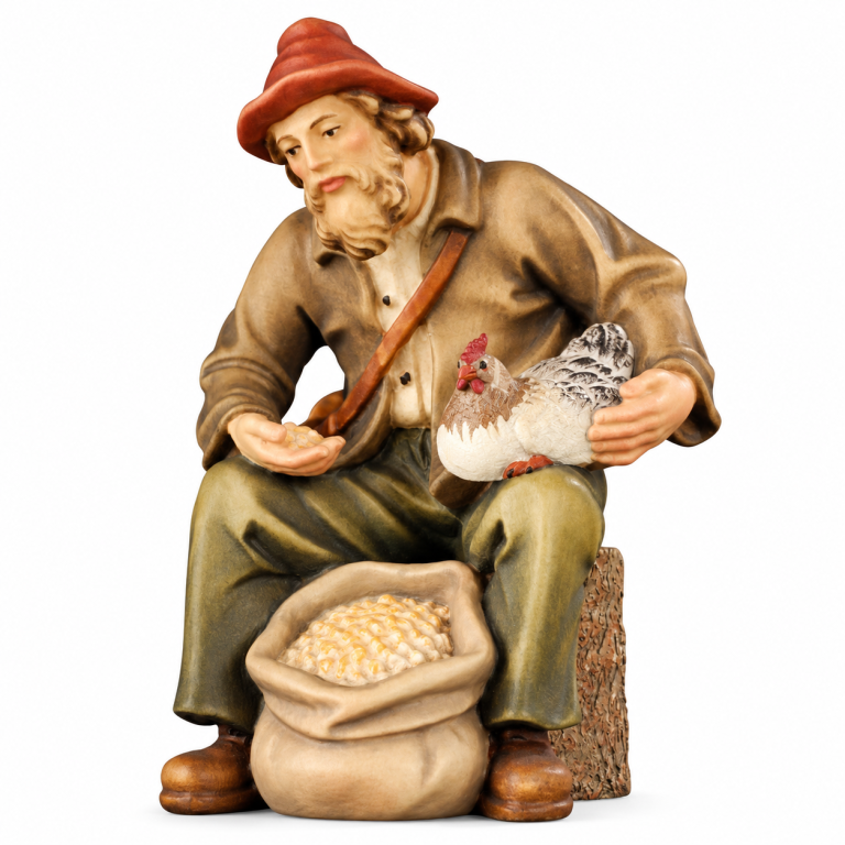 Rustikale Bauernfigur mit Huhn und Futtersack