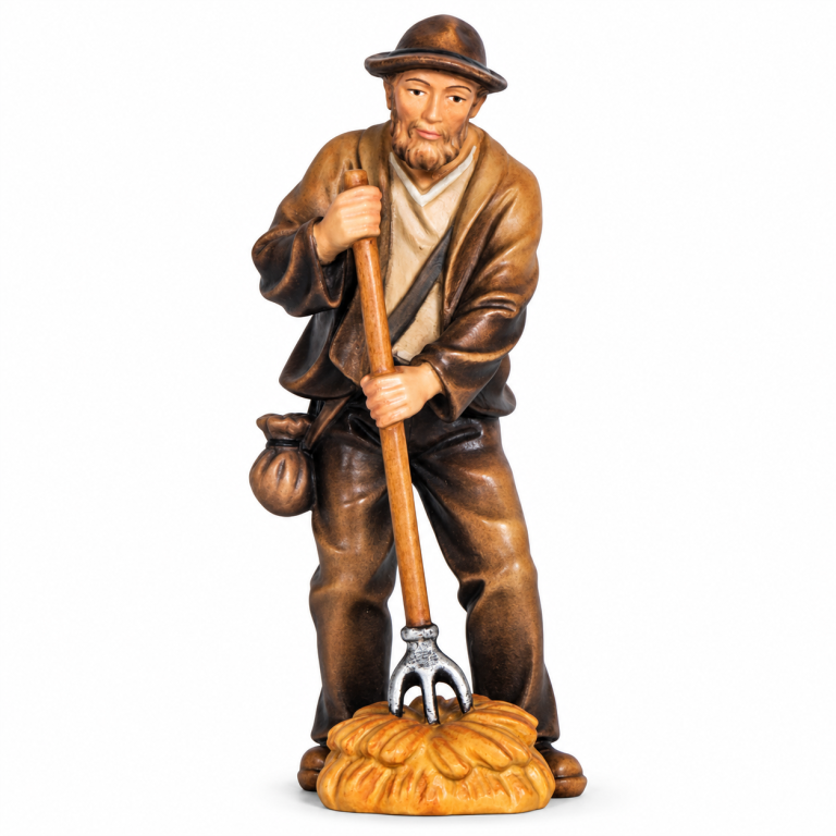 Rustikale Hirtenfigur mit Heugabel geschniegelt
