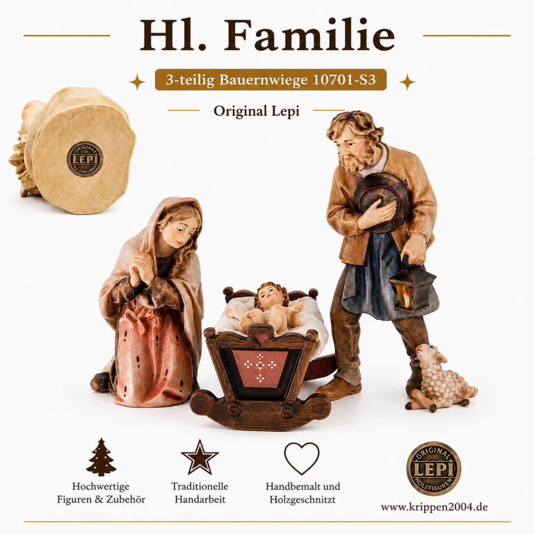 Heilige Familie der Heimatlichen Krippe von Lepi mit Jesukind in Bauernwiege
