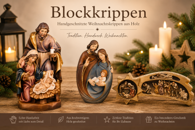 Holzgeschnitzte Blockkrippen mit Heiliger Familie – kunstvolle Weihnachtskrippen aus Holz