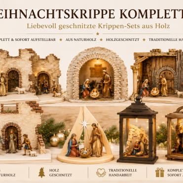 Weihnachtskrippe Komplettset aus Holz geschnitzt mit Krippenstall, Heiliger Familie und Krippenfiguren in festlicher Weihnachtsatmosphäre