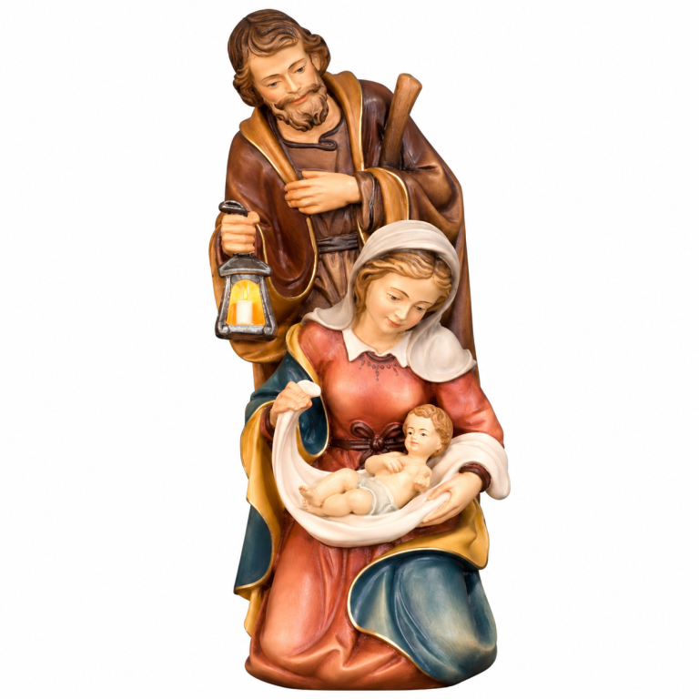 Barocke Heilige Familie als Blockkrippe mit Maria, Josef und Jesuskind aus Bergahorn