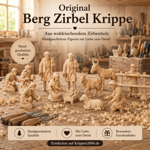 Original Berg Zirbel Krippe aus Zirbenholz mit Zirben Holz Figuren