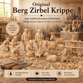 Original Berg Zirbel Krippe aus Zirbenholz mit Zirben Holz Figuren
