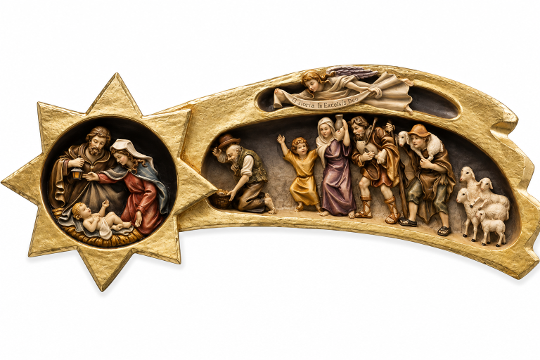 Kometstern Krippe aus kunstvoll geschnitztem Ahornholz