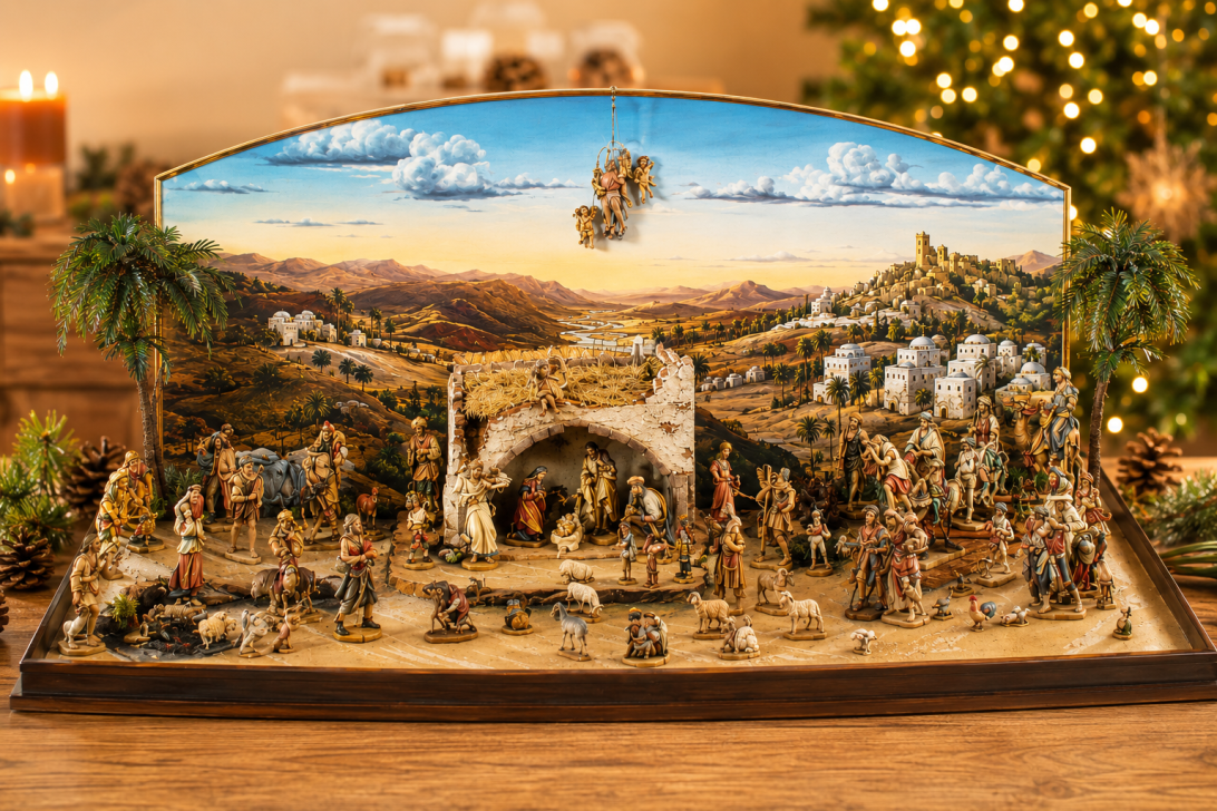 Rupert Krippe von Lepi mit holzgeschnitzten Krippenfiguren in einer orientalischen Krippenlandschaft mit der Heiligen Familie, Hirten, Tieren und festlicher Weihnachtsstimmung.