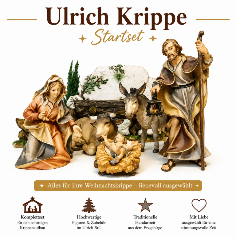 Ulrich Krippe Starterset mit Maria Josef Jesuskind Ochs und Esel aus Ahornholz