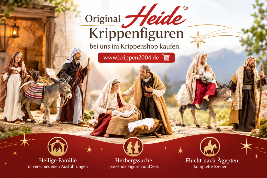 Hauptfiguren der Hannah Krippe von Heide mit Szenen der Heiligen Familie