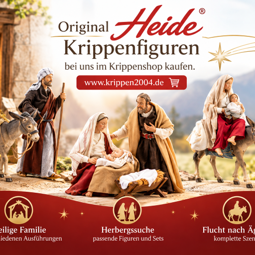 Hauptfiguren der Hannah Krippe von Heide mit Szenen der Heiligen Familie