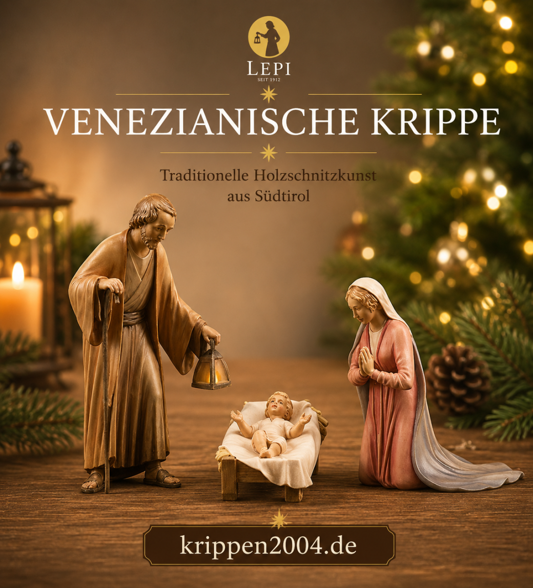 Venezianische Krippe von Lepi mit eleganten holzgeschnitzten Krippenfiguren