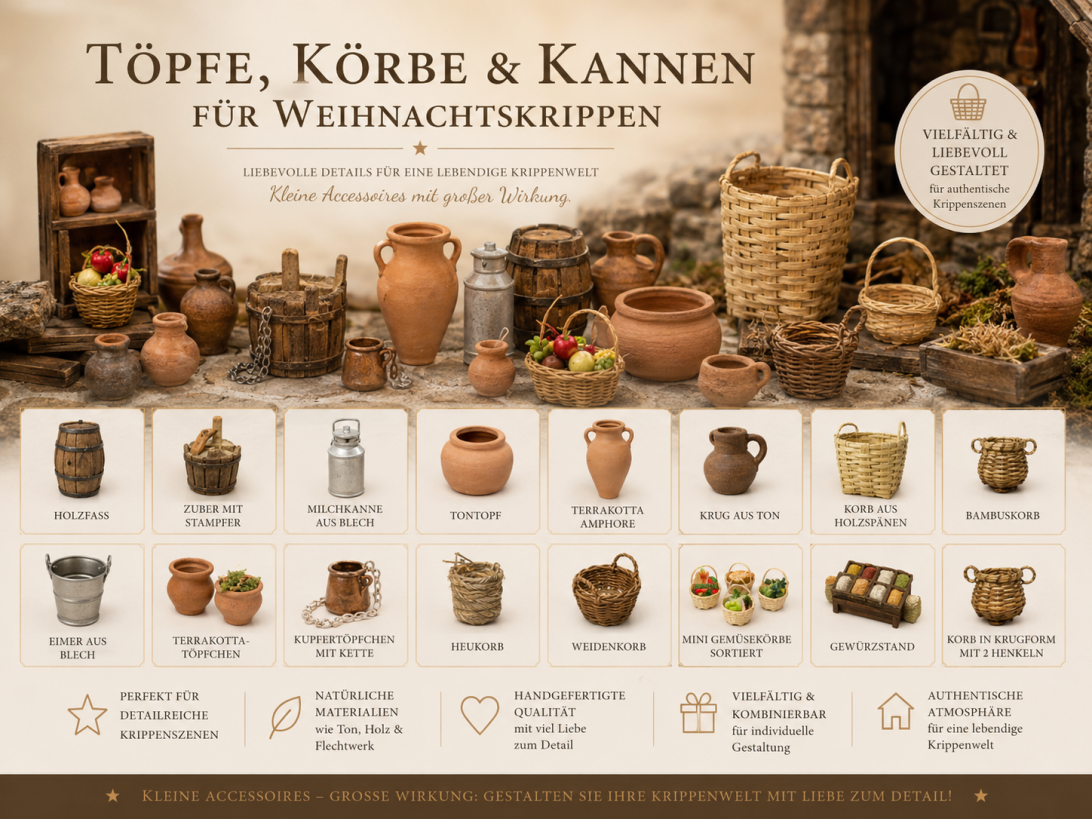 Töpfe Körbe Kannen und Krüge für Weihnachtskrippen und Krippenbau