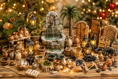 Krippenzubehör für Weihnachtskrippen mit Brunnen, Laternen, Krippenbeleuchtung, Töpfen, Körben, Kannen und Krügen vor festlichem Weihnachtshintergrund