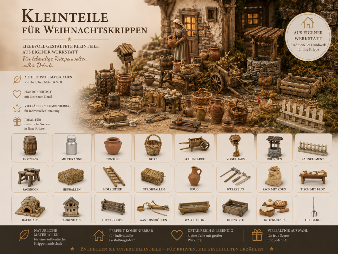 Kleinteile und Miniaturzubehör für Weihnachtskrippen und Krippenbau