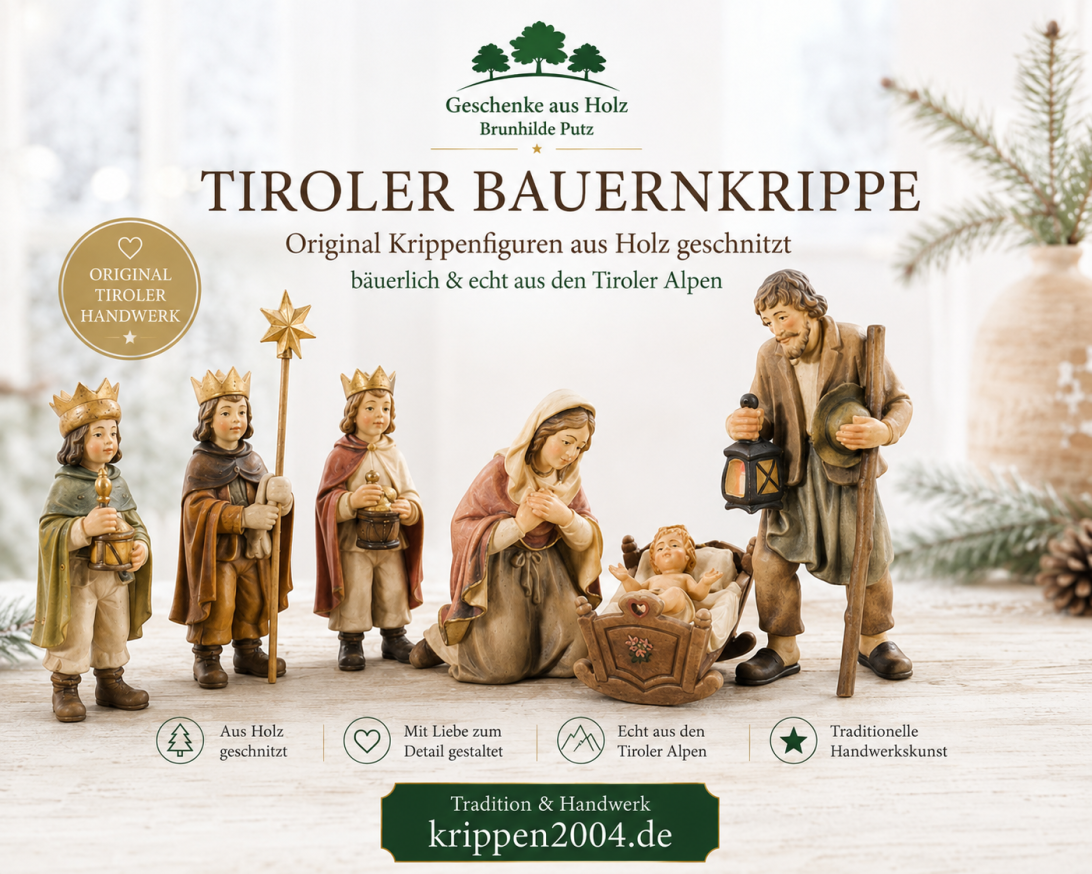 Tiroler Bauernkrippe mit heimatlichen Krippenfiguren