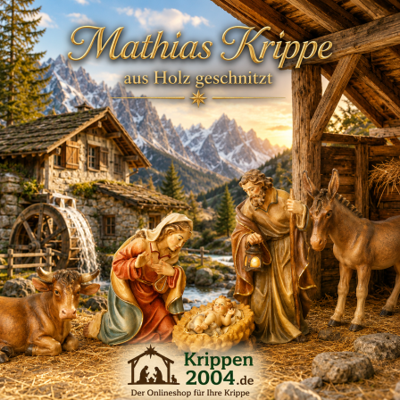 Original Mathias Krippe mit holzgeschnitzten Krippenfiguren und zahlreichen Tierfiguren
