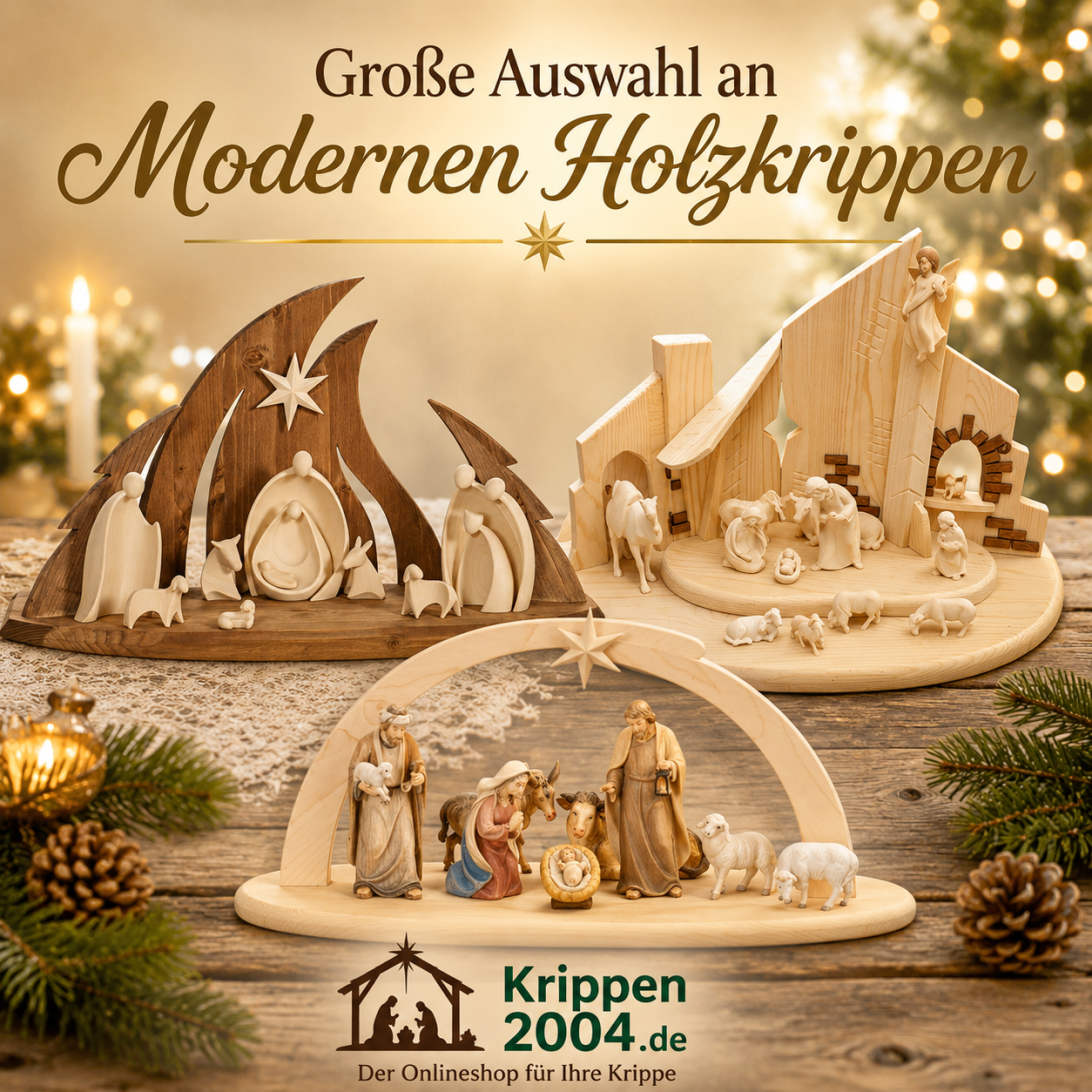 Moderne Krippen mit holzgeschnitzten Krippenfiguren für stilvolle Weihnachten