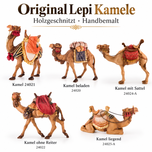 Original Lepi Kamele als holzgeschnitzte und handbemalte Krippentiere