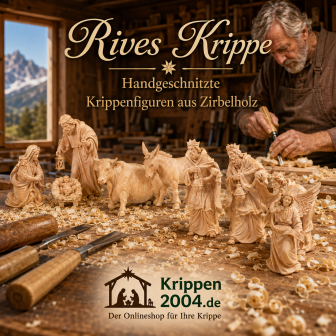 Original Rives Krippe mit handgeschnitzten Krippenfiguren aus Zirbelholz
