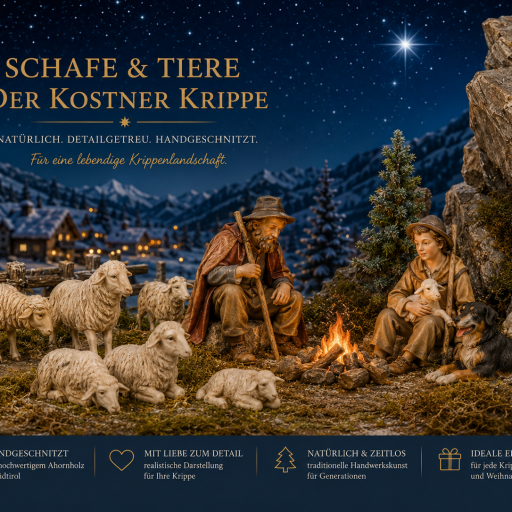Schafe und Krippentiere der Kostner Krippe für eine traditionelle Weihnachtskrippe