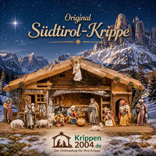 Original Südtirol Krippe mit holzgeschnitzten Südtirol Krippenfiguren und Krippenstall