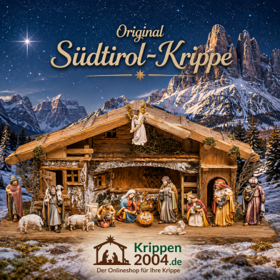 Original Südtirol Krippe mit holzgeschnitzten Südtirol Krippenfiguren und Krippenstall